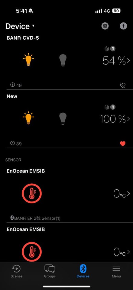 BANFi ONE device list showing a CVD dimmer at 54% and EnOcean sensors