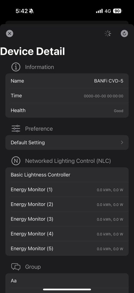 Device detail showing Bluetooth NLC models and per-channel energy monitors