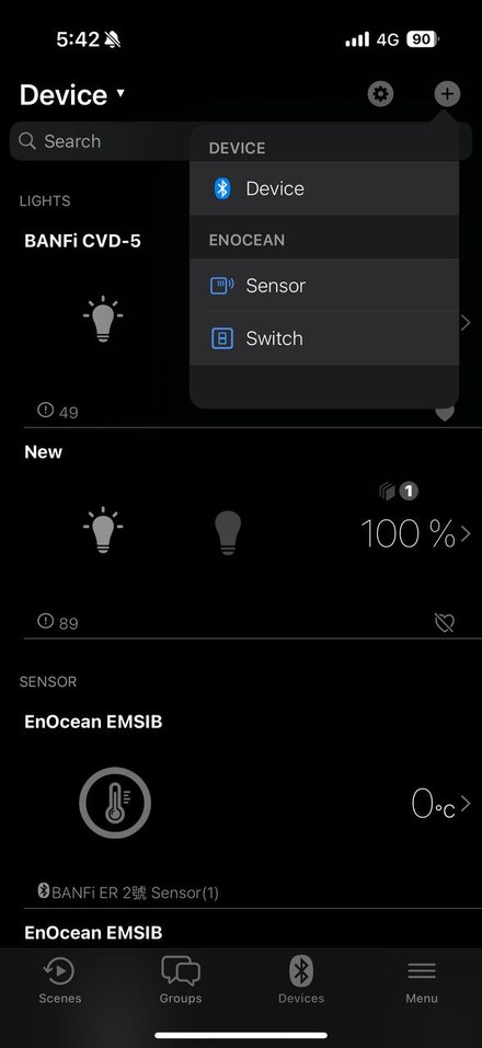 Add device menu with EnOcean sensor and switch options