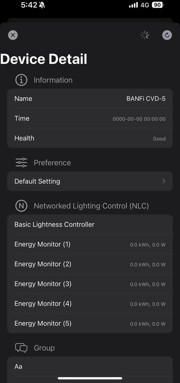 BANFi ONE app — device detail with NLC controller and per-circuit energy monitoring