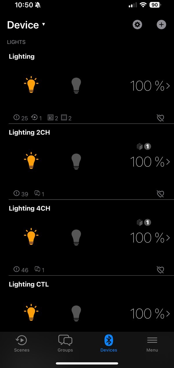 BANFi ONE app — device list showing dimmers and sensors with live levels