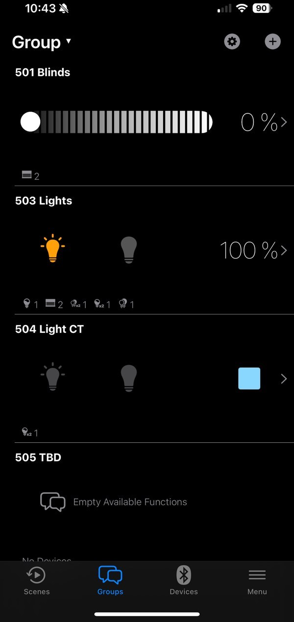 BANFi ONE app — group dimming with per-group level sliders