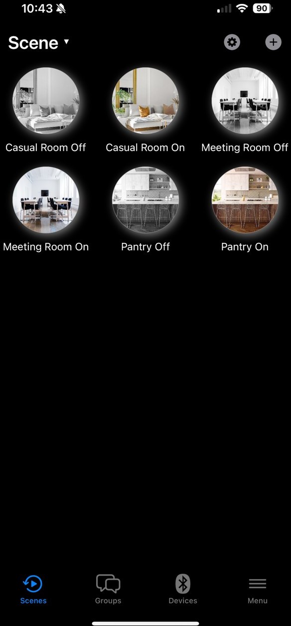BANFi ONE app — scene control, recalling room scenes from tiles