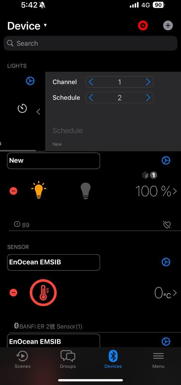 BANFi ONE app — channel and schedule assignment with EnOcean sensor