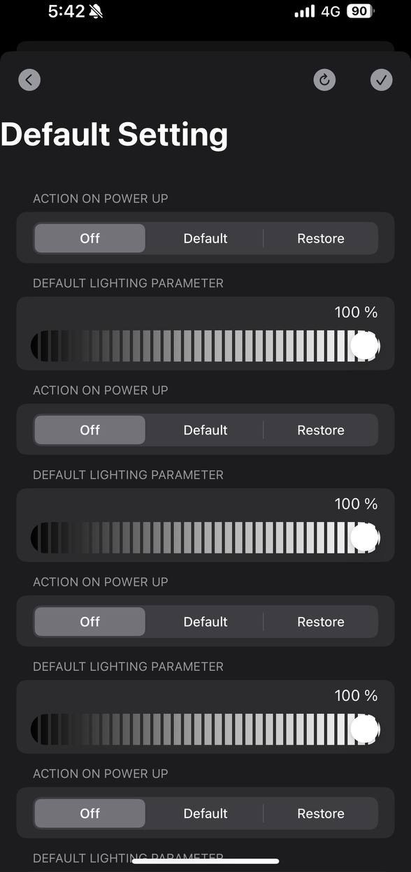 BANFi ONE app — power-on default behaviour and lighting parameters