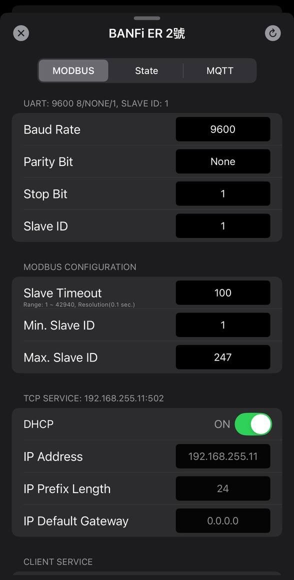 BANFi ONE app: EdgeRouter Modbus settings with serial port, slave ID range, timeout and TCP service address