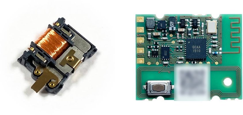 EnOcean ECO 260 kinetic energy harvester beside the PTM 535BZ transmitter module with its printed antenna and learn button