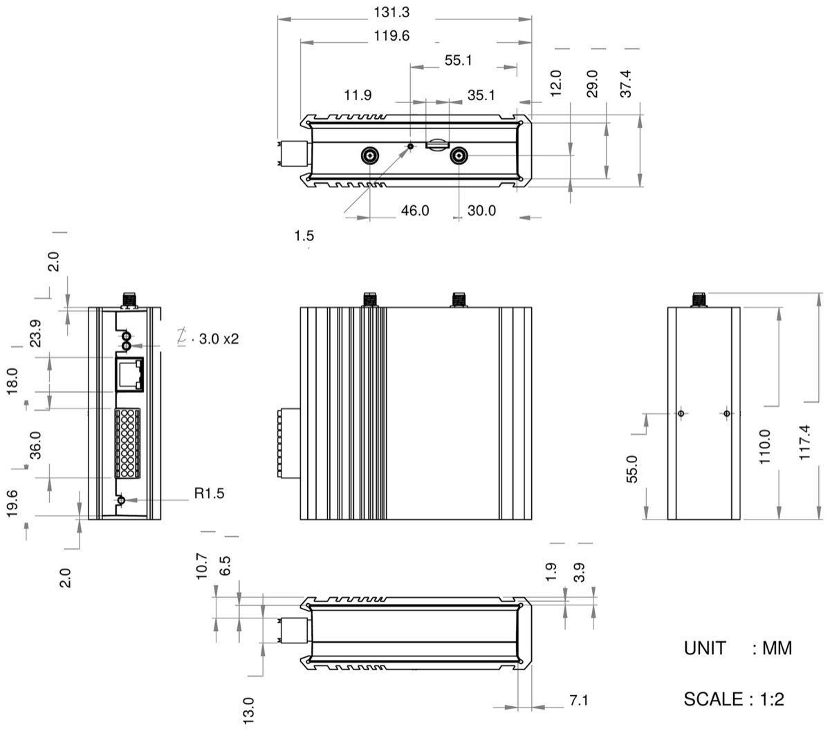 BFi53ER0 dimension drawing: 119.6 by 110.0 by 37.4 mm body, in millimetres