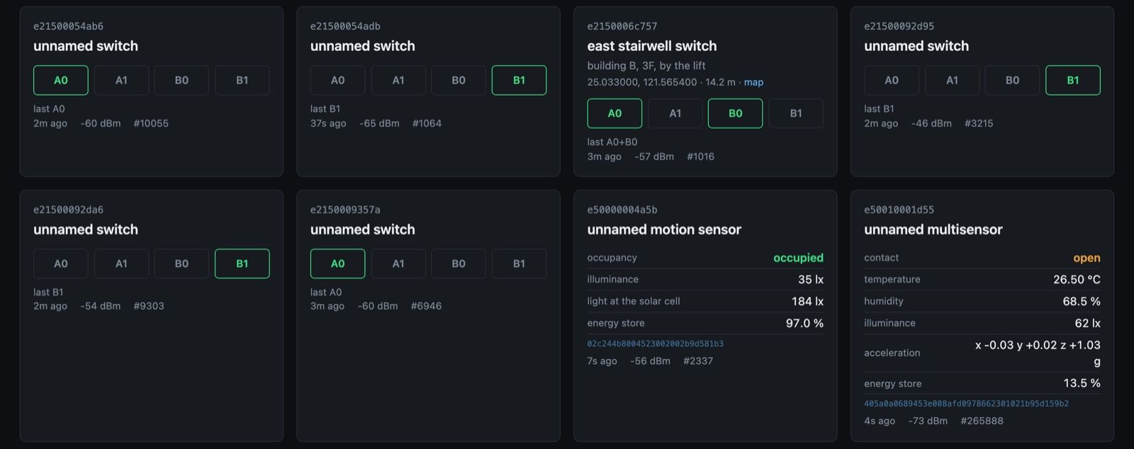Live view: a card for each battery-free switch and sensor, with the contact last pressed, readings, signal strength and sequence number