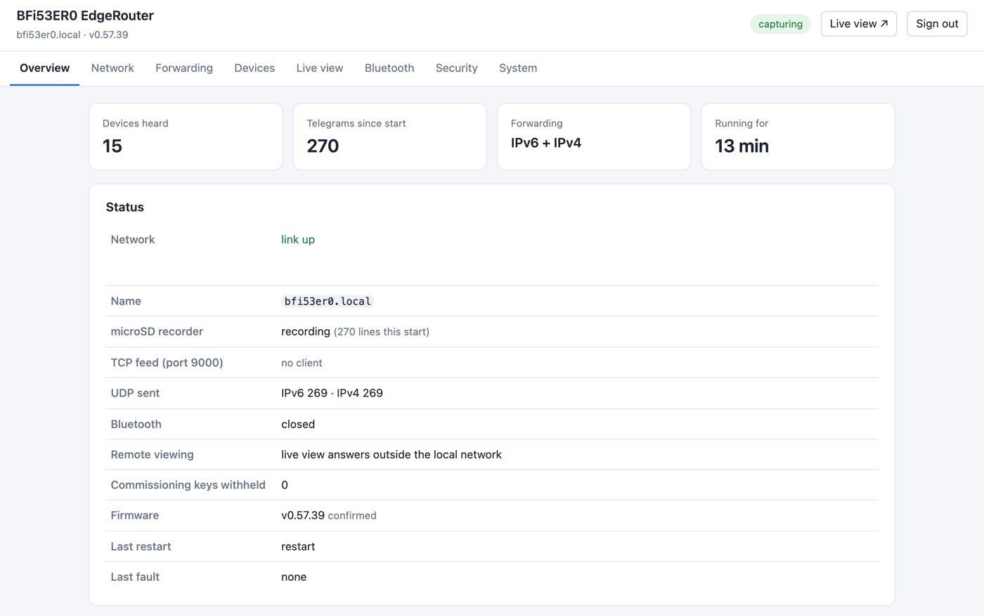 Settings overview: devices heard, telegrams, forwarding and the status of network, recorder, TCP feed, Bluetooth and firmware