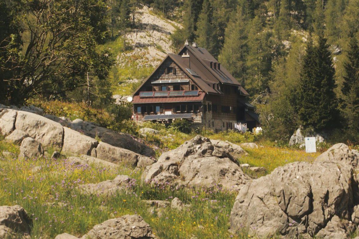 Mountain hut among forest and rock