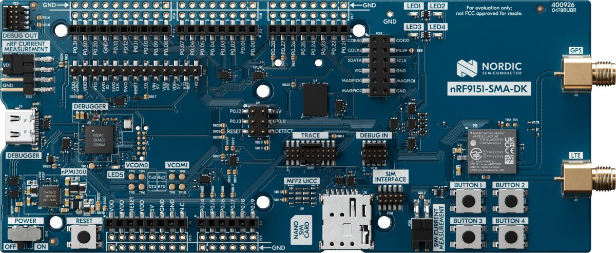 Nordic Semiconductor nRF9151 SMA DK development board with SMA antenna connectors